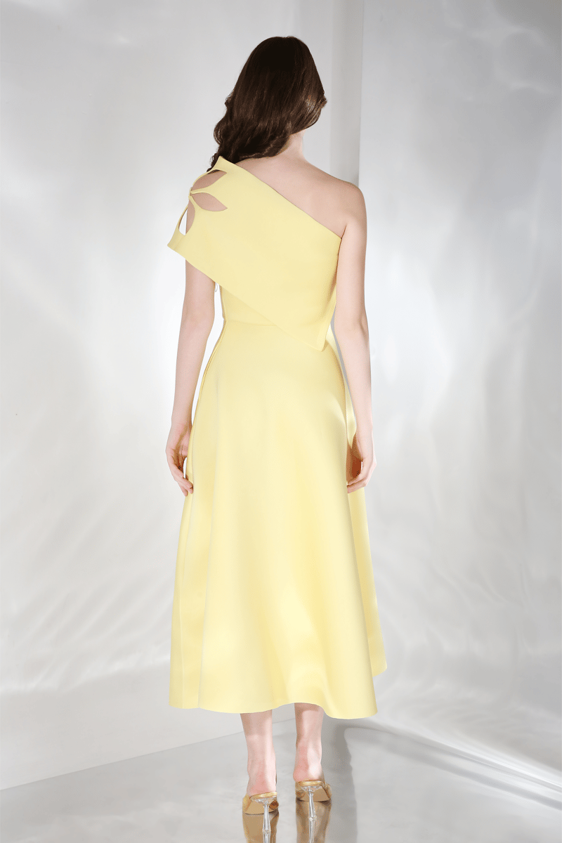 Light Yellow One-Shoulder Cutwork Fit and Flare Midi Dress