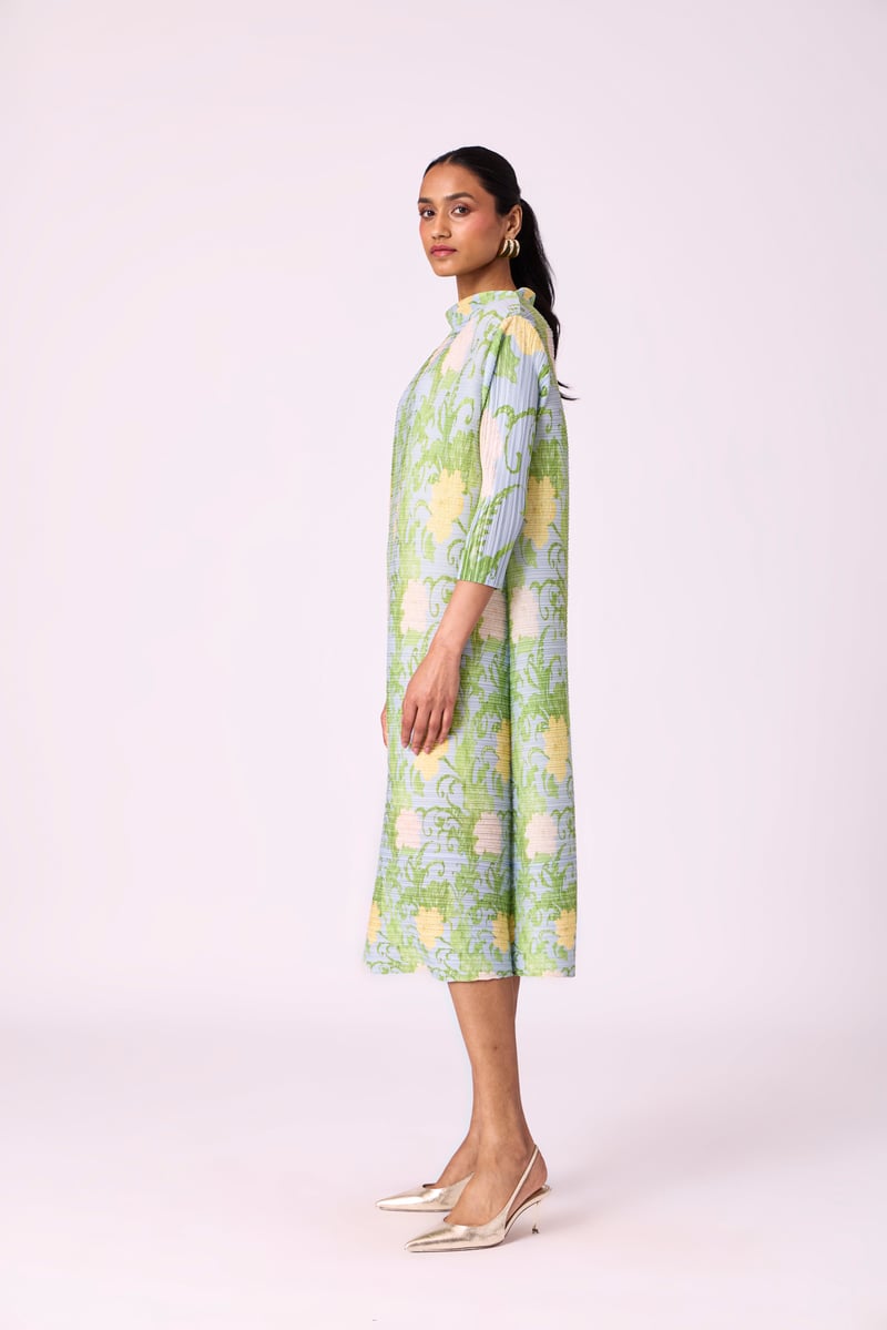 Light Blue Pleated Floral Midi Dress with Belt