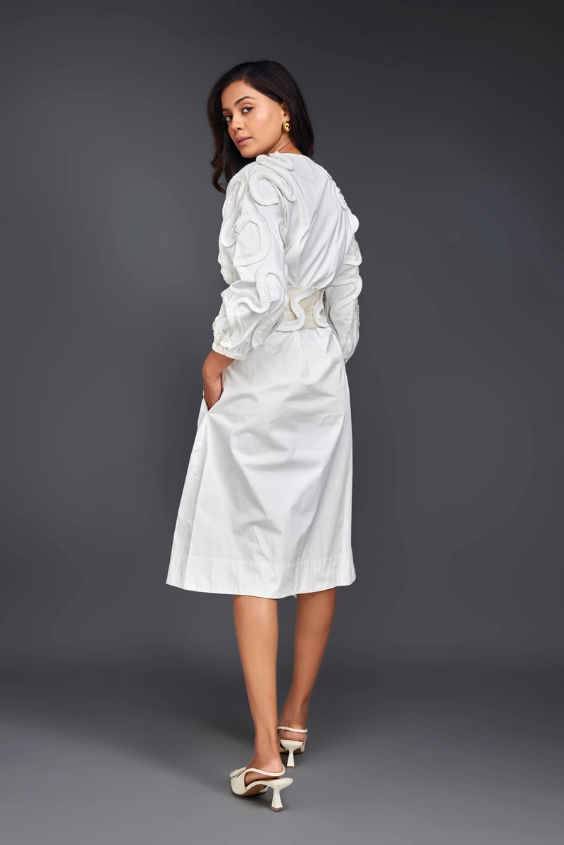 MIDI DRESS WITH PLEATED FRILL DETAILING ON SLEEVES COMES WITH BELT