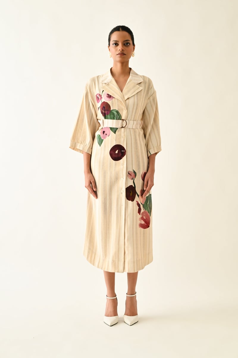 Off White Abstract Print Belted Midi Trench Shirt Dress