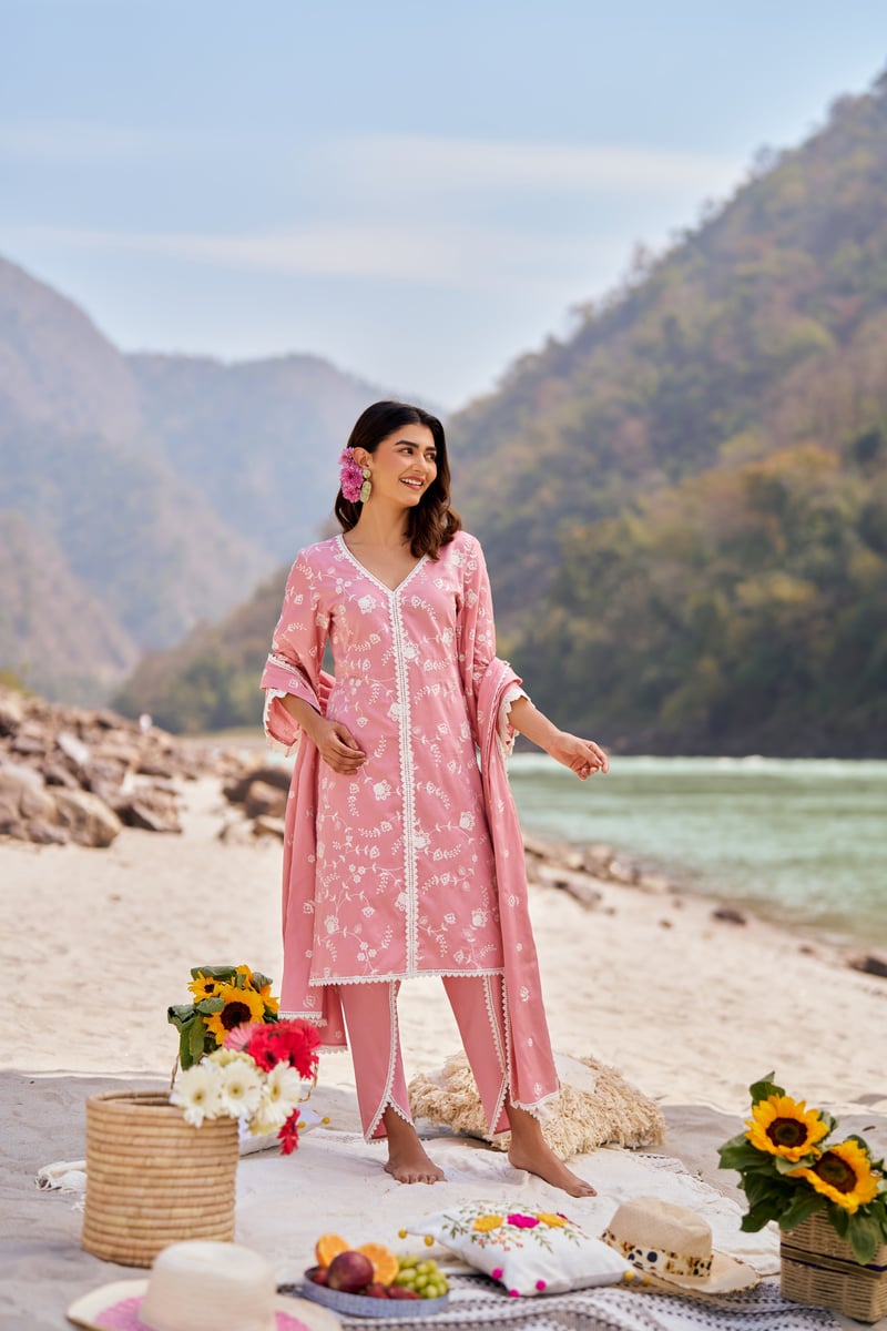 Pink Cotton Embroidered Kurta Set with Lace Trim