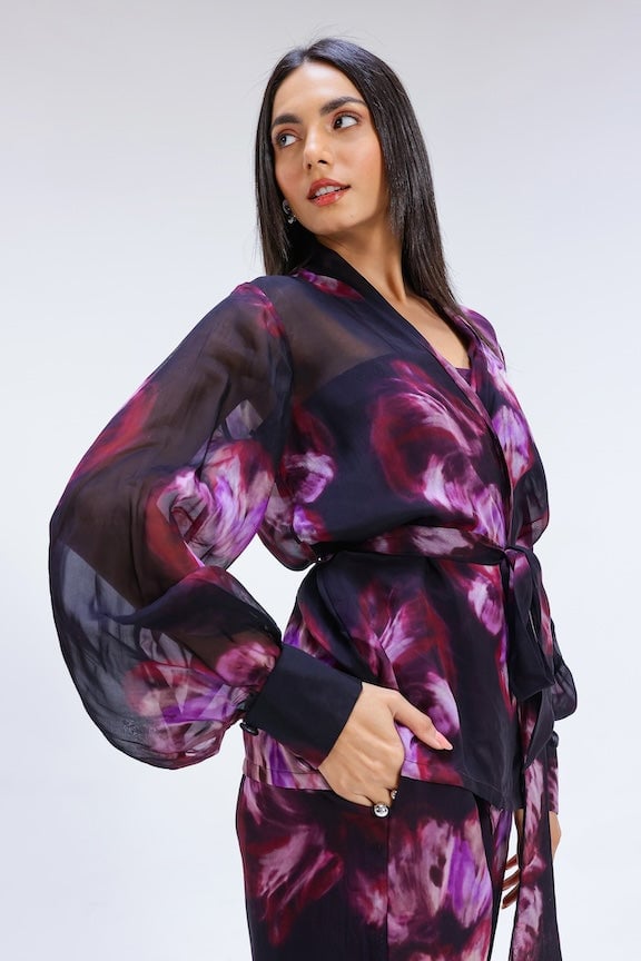 Plum Printed Organza Wrap Jacket and Straight Pants Co-ord Set