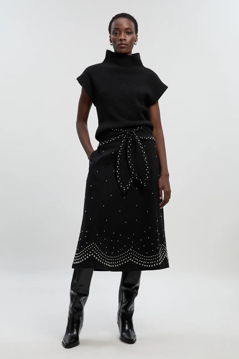 Black Stud-Embellished A-Line Midi Skirt — KAREN MILLEN