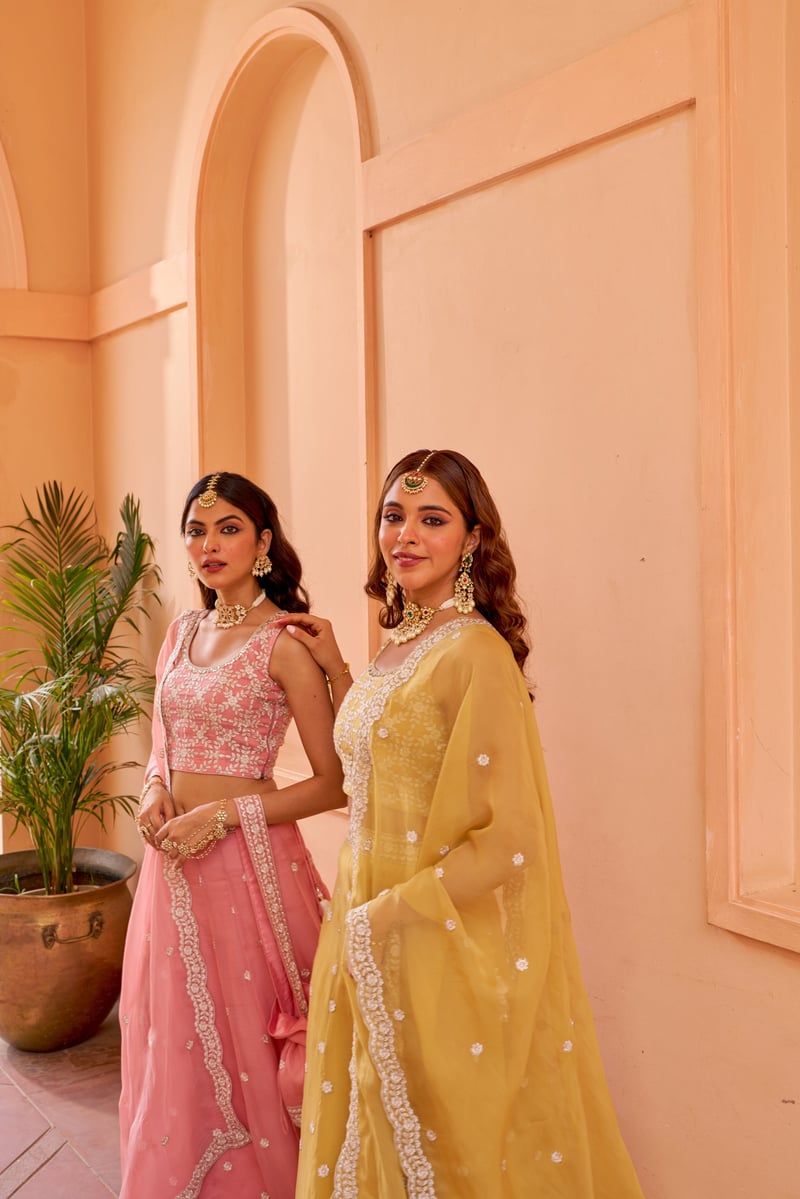 Pink Organza Embroidered Lehenga Set with Dupatta