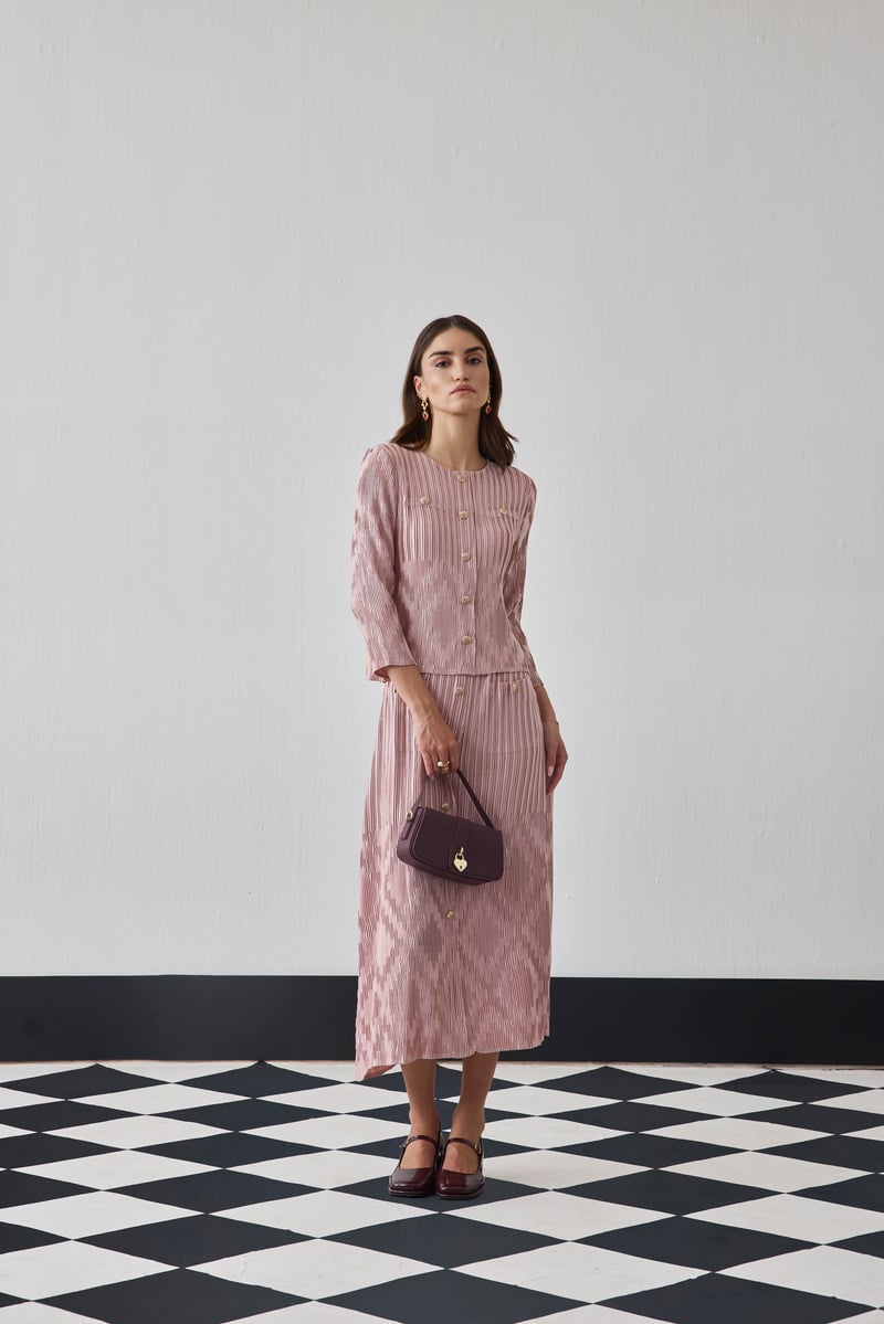 Nude Pink Pleated Printed Top and Midi Skirt Co-ord Set
