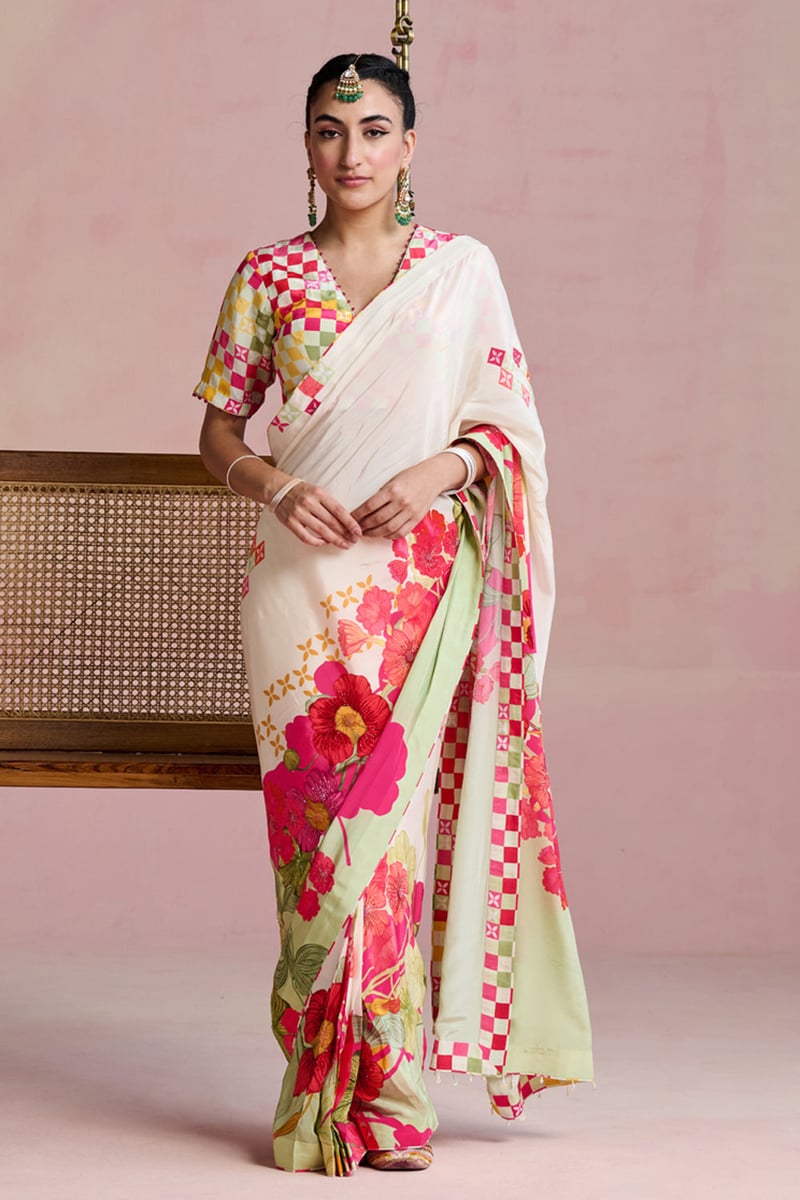 Multicolor Floral Printed Crepe Saree Set with Blouse — NIRVAIR CLOTHING
