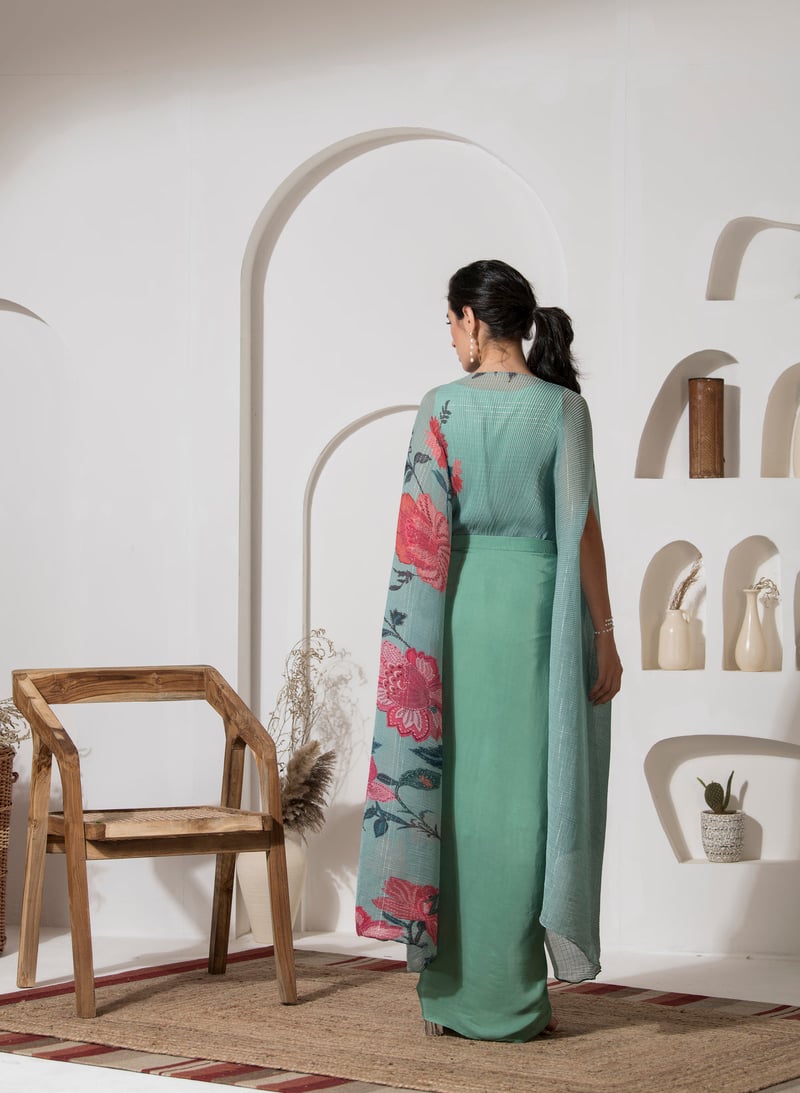 Dusty Jade Green Floral Kaftan and Dhoti Co-ord Set