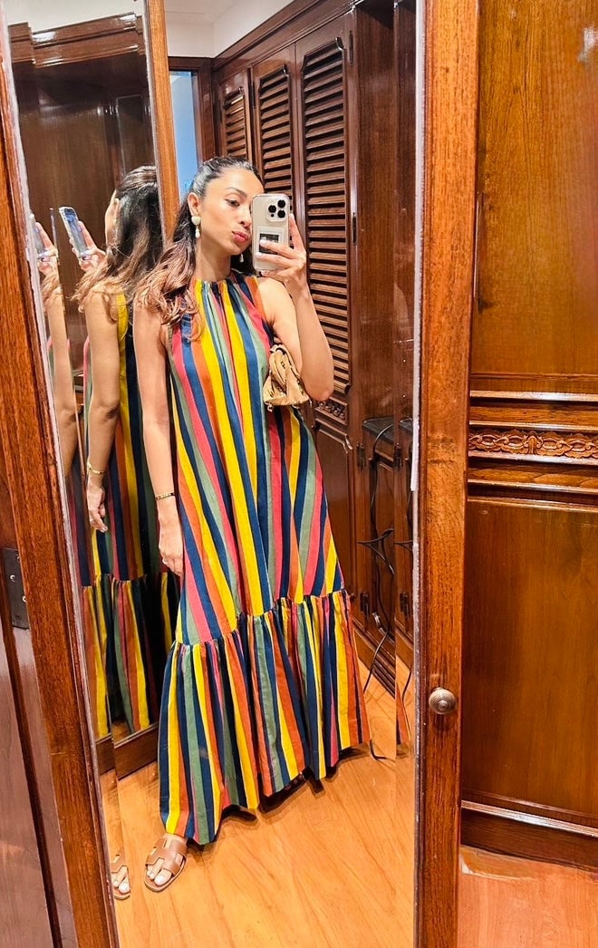 Multicolor Striped Halter Neck Tiered Maxi Dress