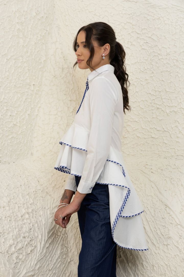 White Hi-Low Tiered Cotton Shirt with Blue Gingham Trim