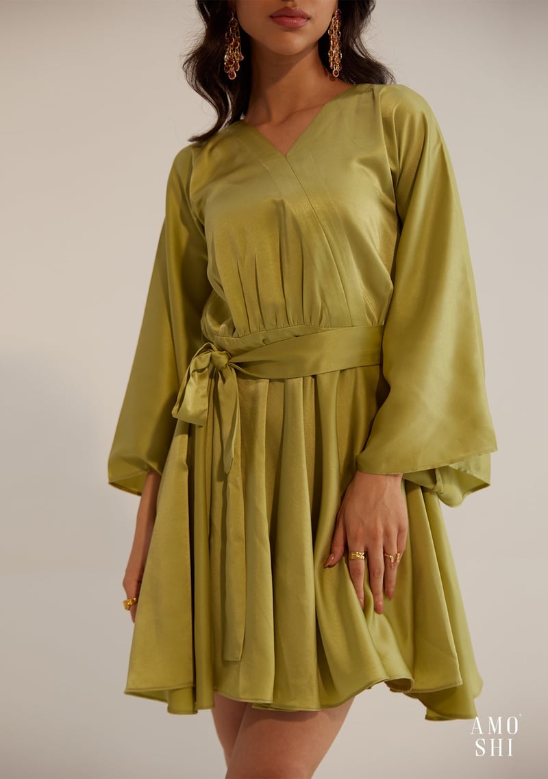 Pear Green Satin Fit and Flare Mini Dress with Belt