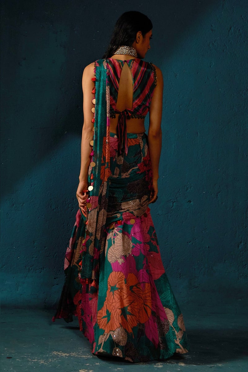 Bottle Green Printed Chinon Chiffon Pre-Draped Saree