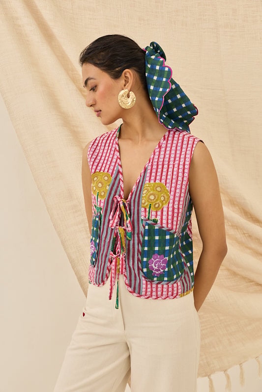 Multicolor Block Print Cropped Tie-Up Waistcoat