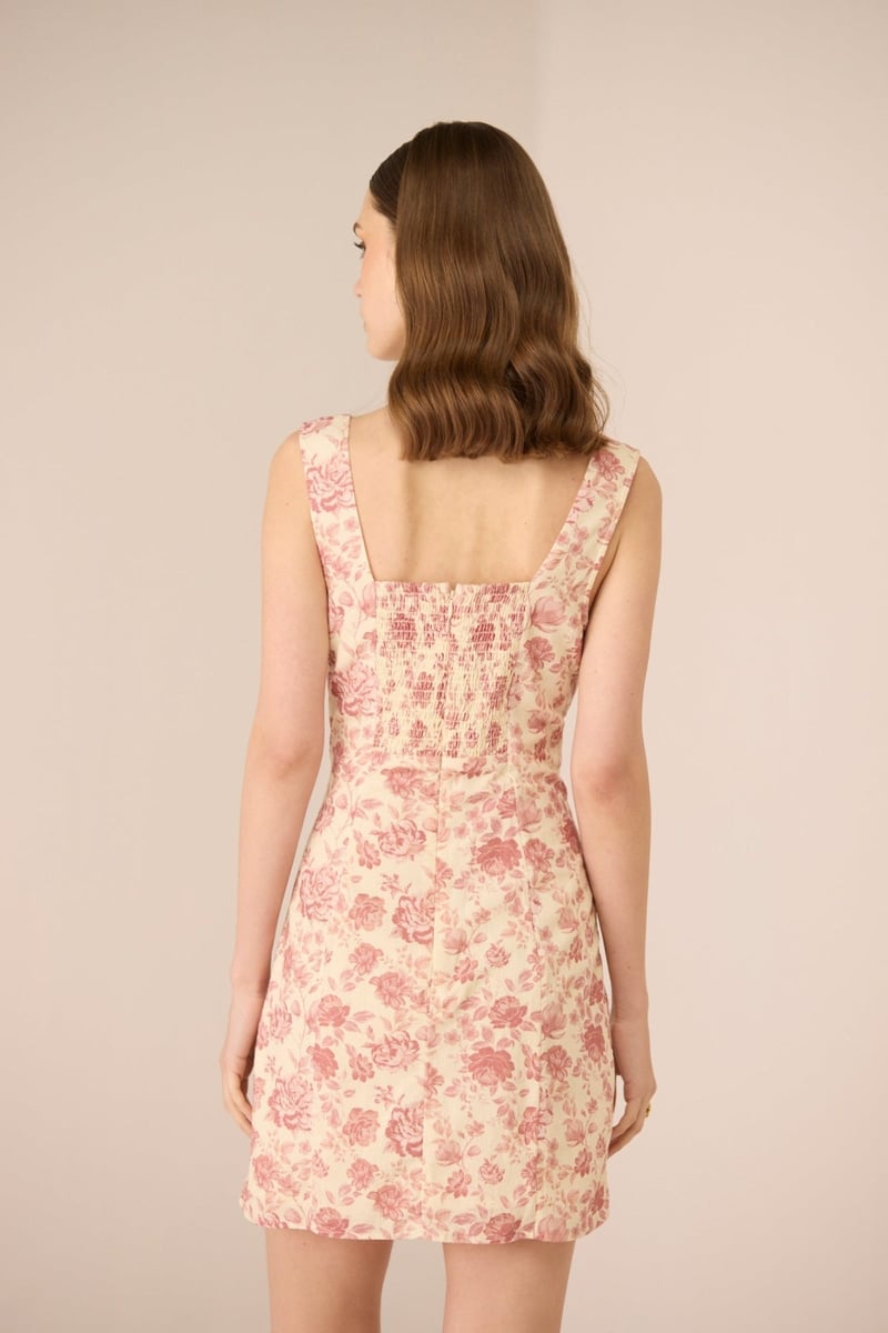 Wildflower Rose Floral Cotton Linen Slim-Fit Mini Dress