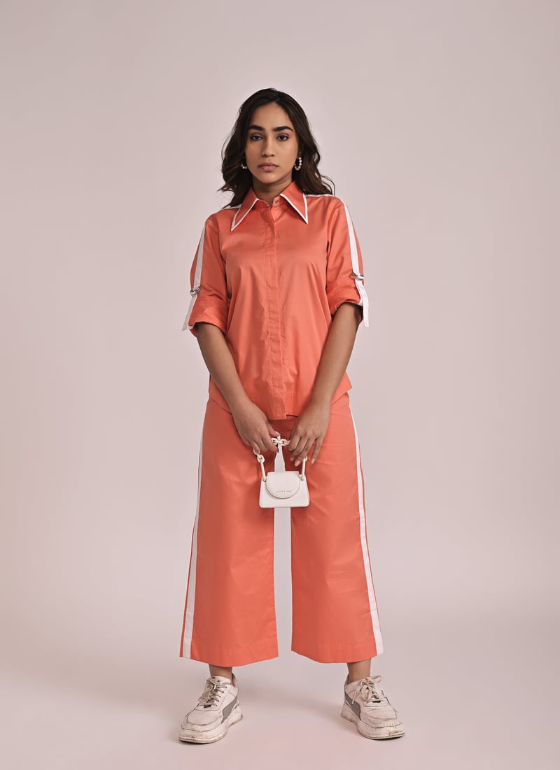 Orange Cotton Satin Shirt and Wide-Leg Pants Co-ord Set — Escape By Aishwarya