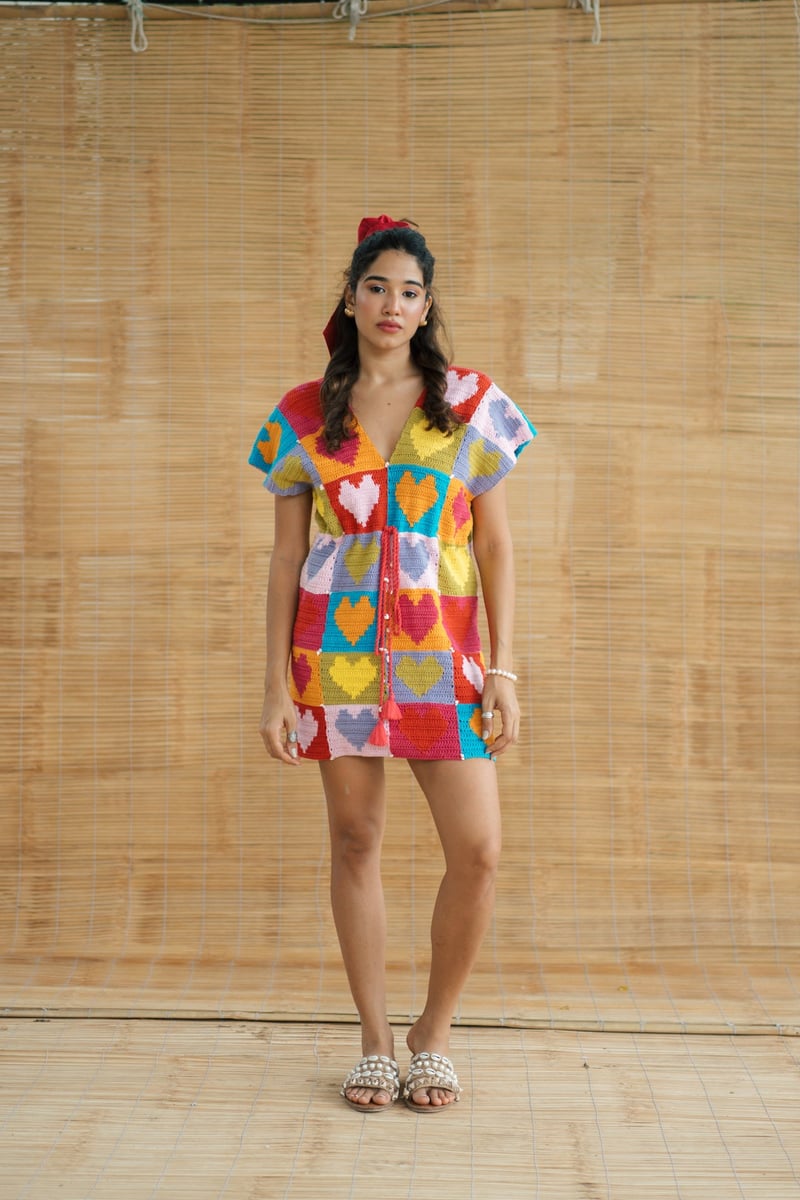Multicolour Crochet Colorblock Heart Mini Dress with Tie-Up
