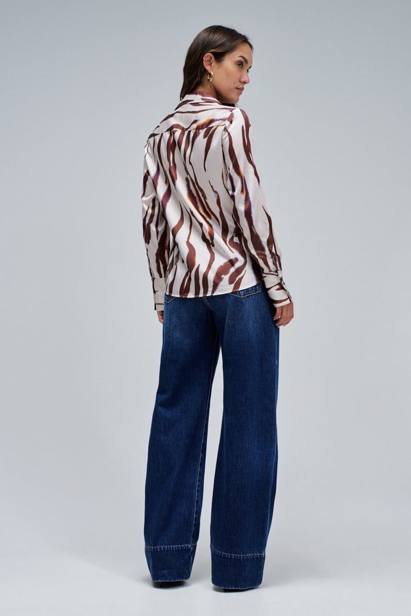 Brown Animal Print Satin-Finish Button-Down Shirt