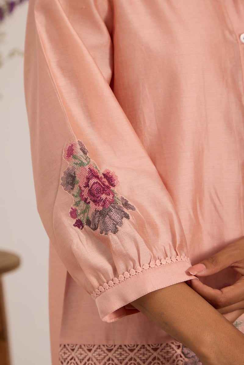 Pink Sheer Mul Chanderi Lace Panel Longline Shirt