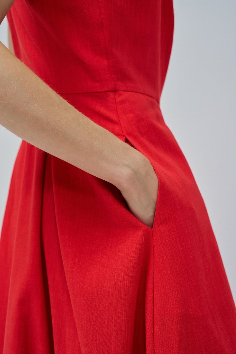 Red Fit and Flare Midi Dress with Button Front