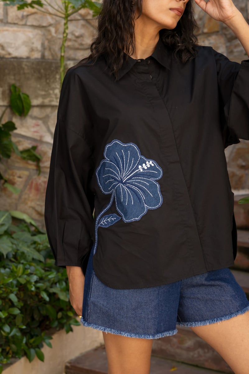 Black Poplin Relaxed-Fit Shirt with Denim Applique