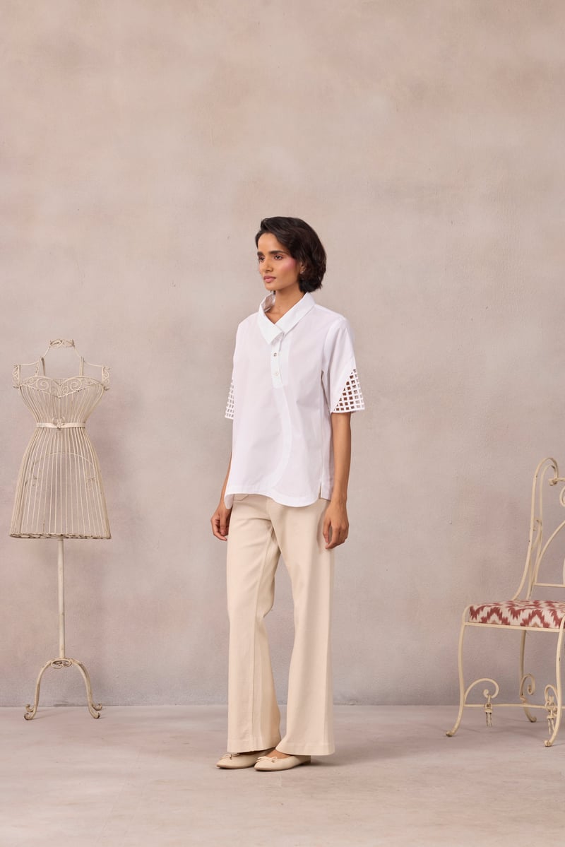 Bright White Poplin Shirt with Geometric Sleeve Cutwork