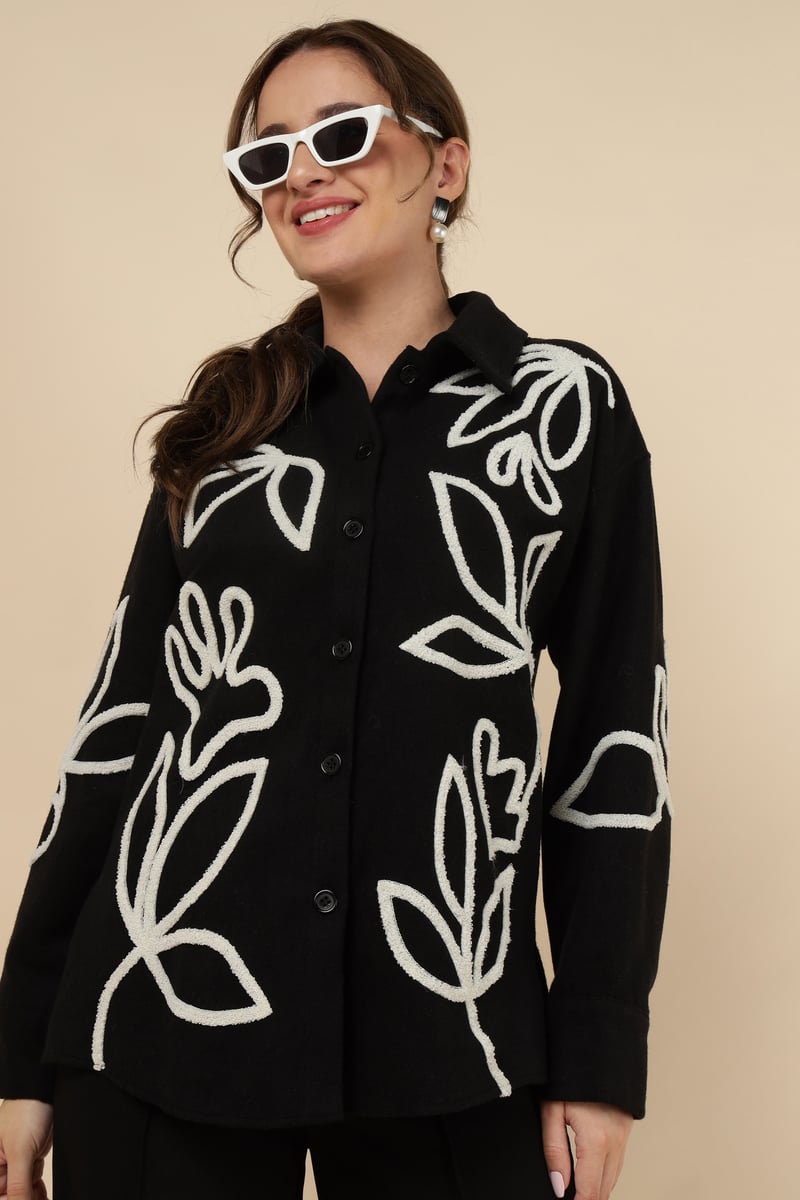 Black Floral Applique Overshirt Shirt