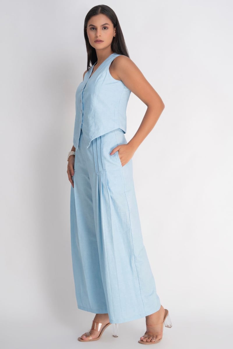 Blue Linen Waistcoat and Wide-Leg Pants Co-ord Set