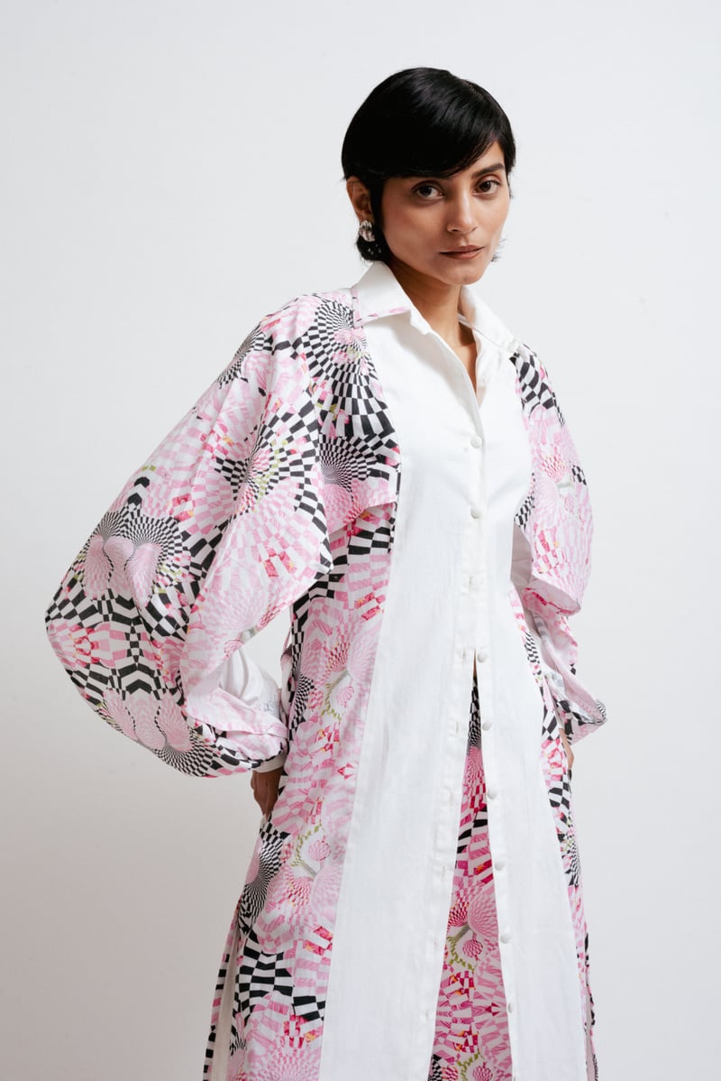 White and Pink Printed Midi Shirt Dress with Belt