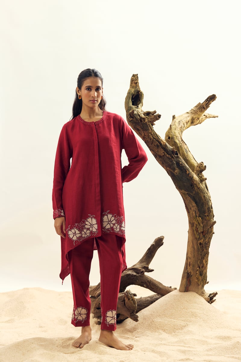 Crimson Linen Tunic and Tapered Pants Co-ord Set — Linen Bloom