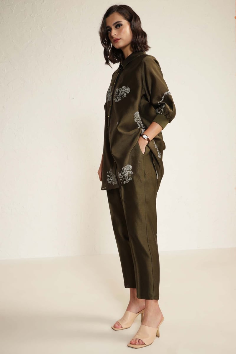 Olive Silk Chanderi Embroidered Shirt and Pant Co-ord Set