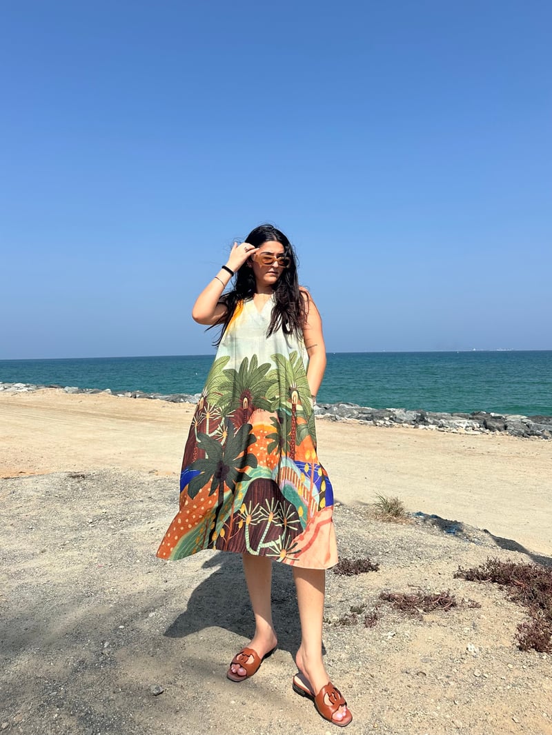 Sage Green Printed Cotton A-Line Midi Dress with Pockets