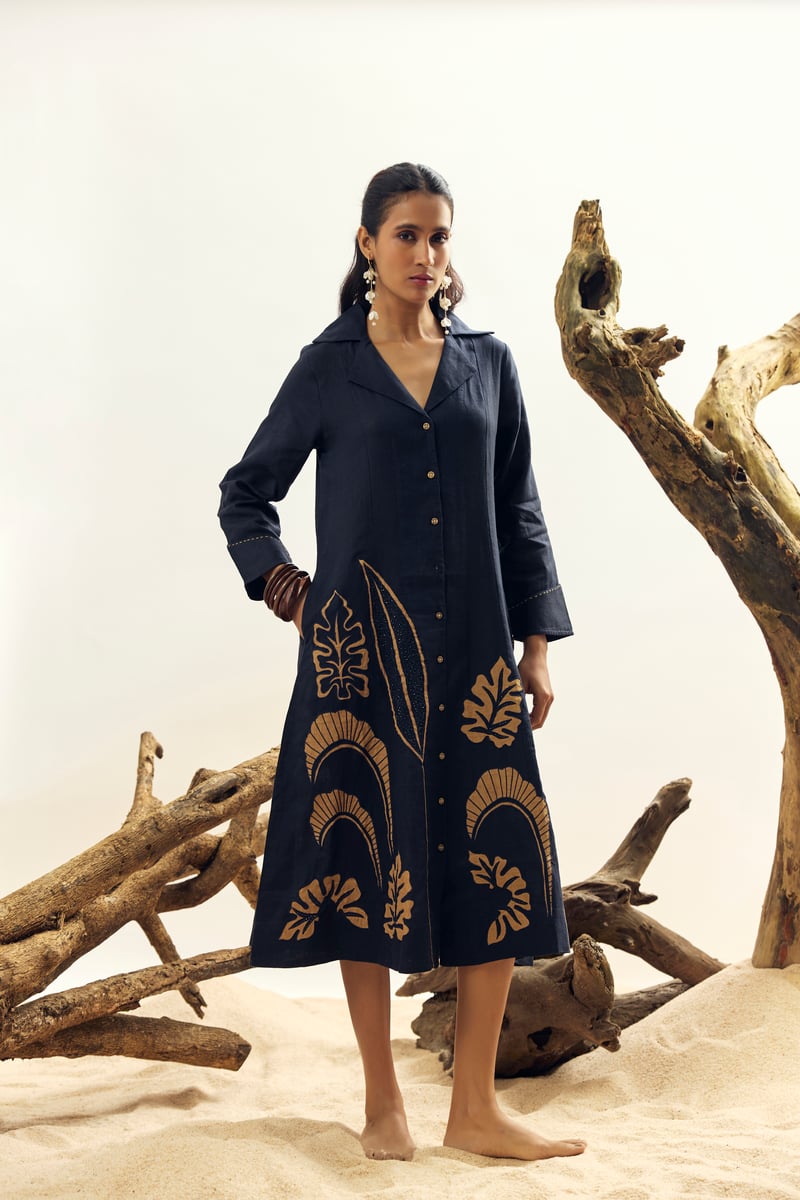 Navy Blue Linen Midi Shirt Dress with Abstract Hem Print — Linen Bloom