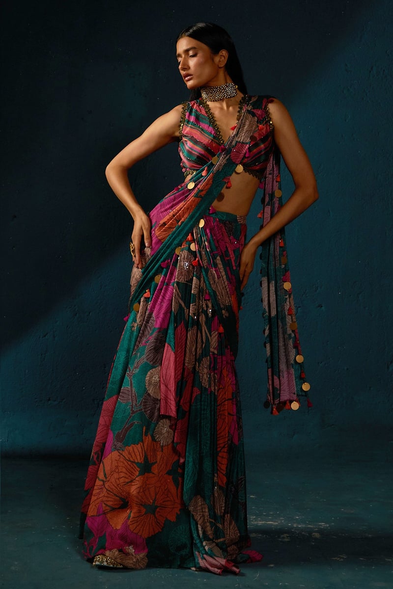 Bottle Green Printed Chinon Chiffon Pre-Draped Saree