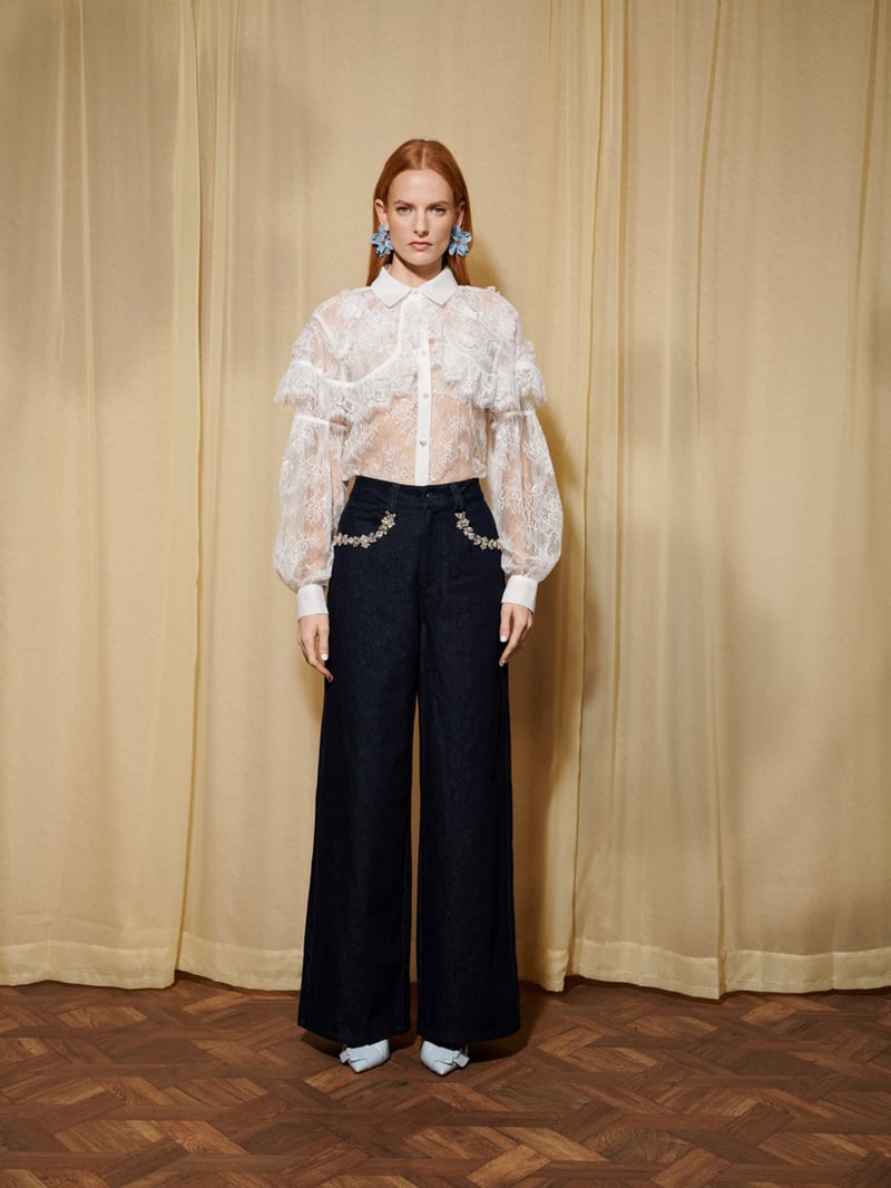 Dark Blue High-Rise Wide-Leg Jeans with Crystal Pockets