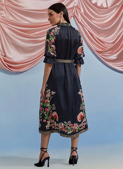 Black Linen Satin Midi Shirt Dress with Floral Embroidery