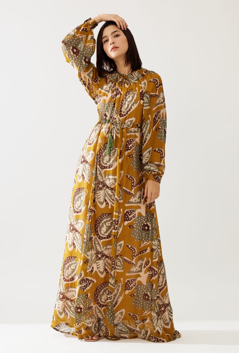 Mustard And Olive Floral Kaftan Dress