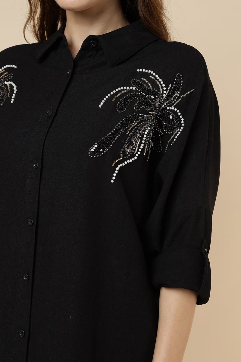 Black Embellished Longline Button-Down Shirt