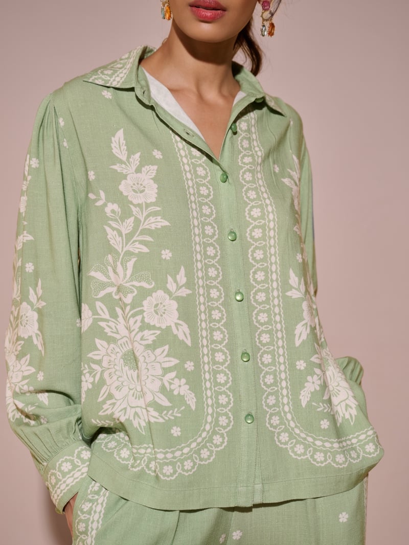 Green Floral Printed Cotton Button-Down Shirt