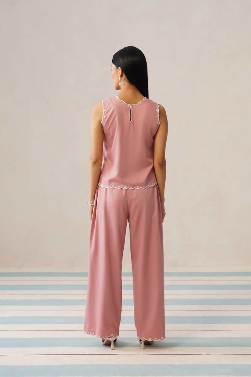 Pink Embroidered Sleeveless Top and Wide-Leg Co-ord Set