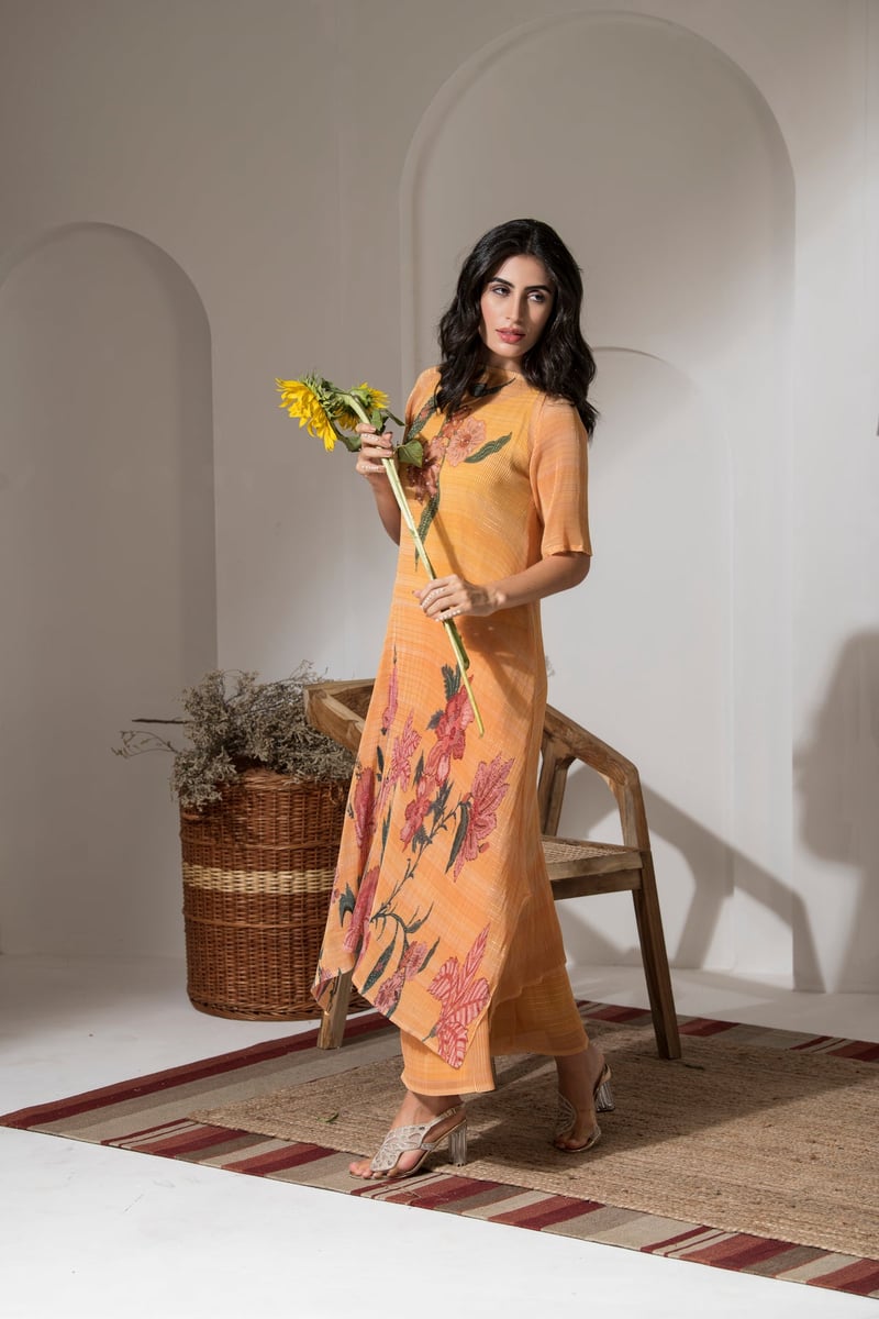 Golden Yellow Floral Lurex Kaftan Kurta Set with Palazzo