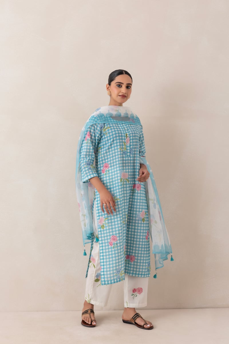 Pastel Turquoise Gingham Printed Cotton Kurta Set