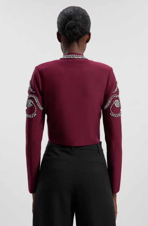 Burgundy Cropped Crystal-Embellished Knit Jacket