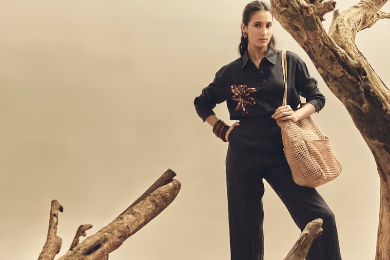 Navy Blue Linen Straight-Leg High-Rise Trousers