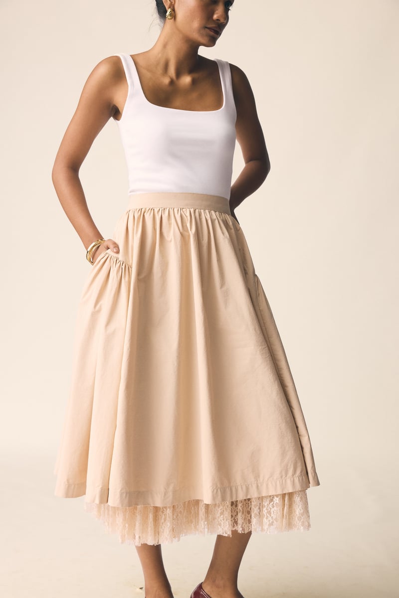Beige Layered A-Line Midi Skirt with Lace Hem