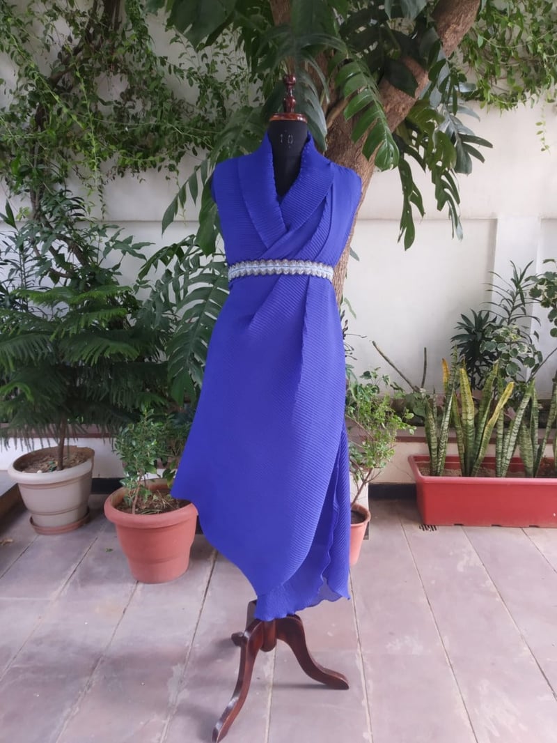 Blue Pleated Maxi Gown with Embroidered Waist Belt