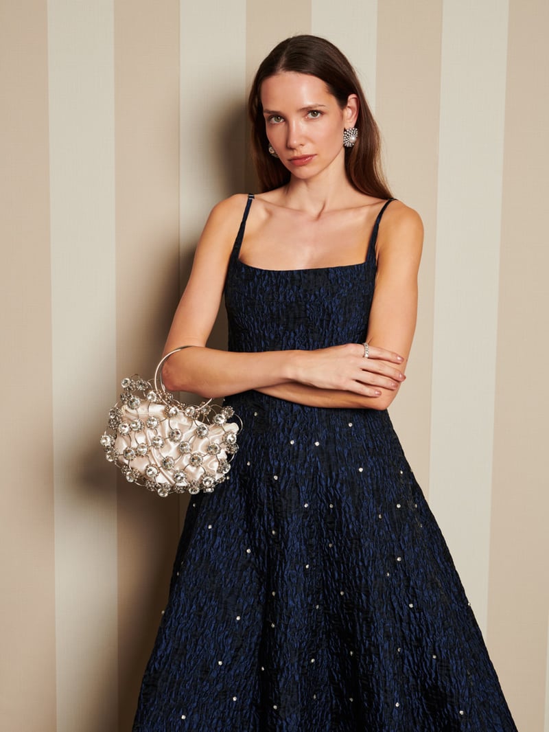 Navy Floral Jacquard Fit and Flare Midi Dress