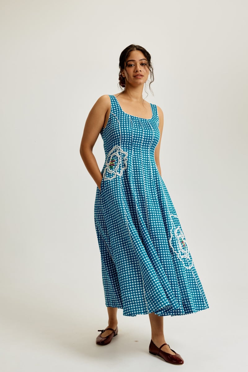 Blue and White Checked Fit and Flare Midi Dress