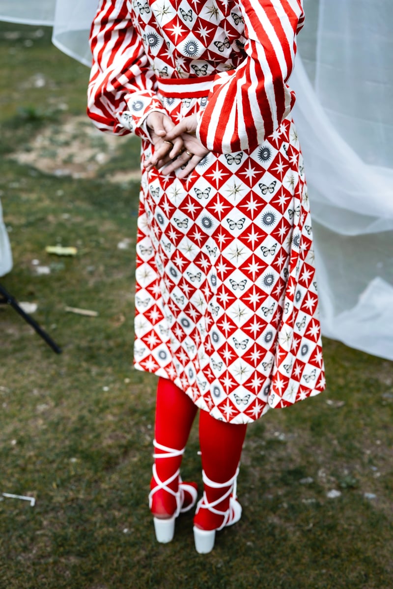 Red and White Printed Midi Shirt Dress with Belt
