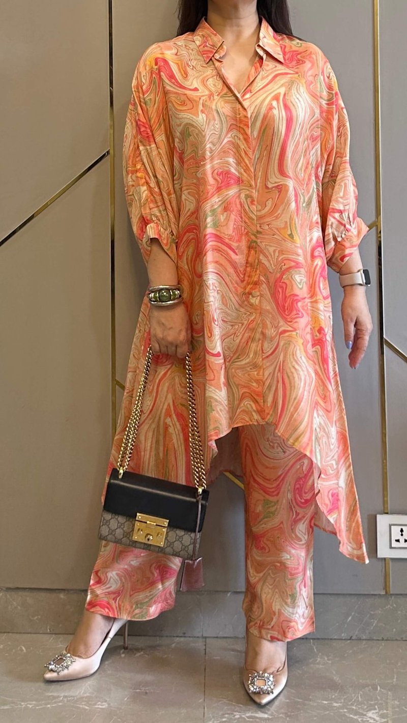 Peach Abstract Printed Muslin Co-ord Set with Wide-Leg Pants