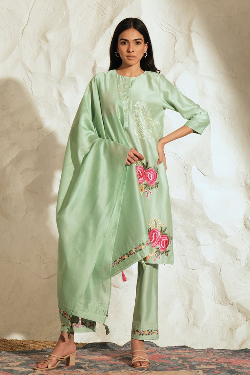 Pastel Green Chanderi Embroidered Straight Kurta Set