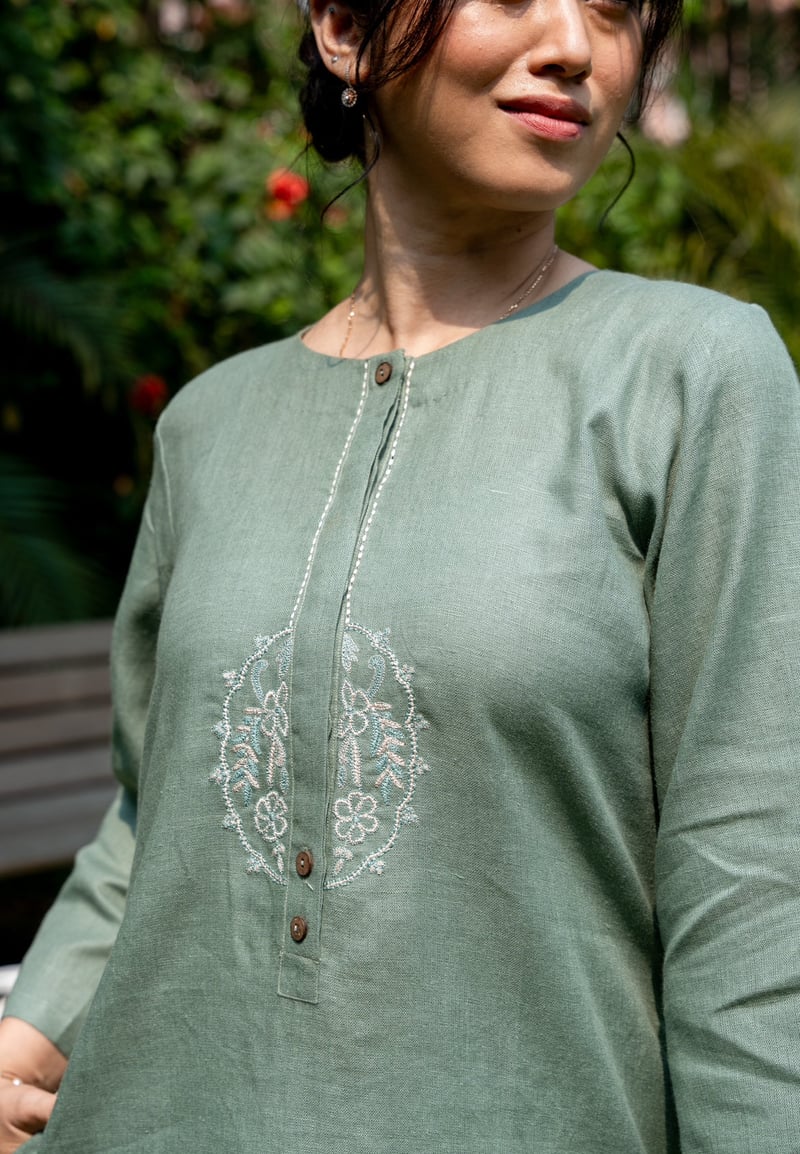 Moss Green Linen Straight Kurta Set with Embroidered Placket
